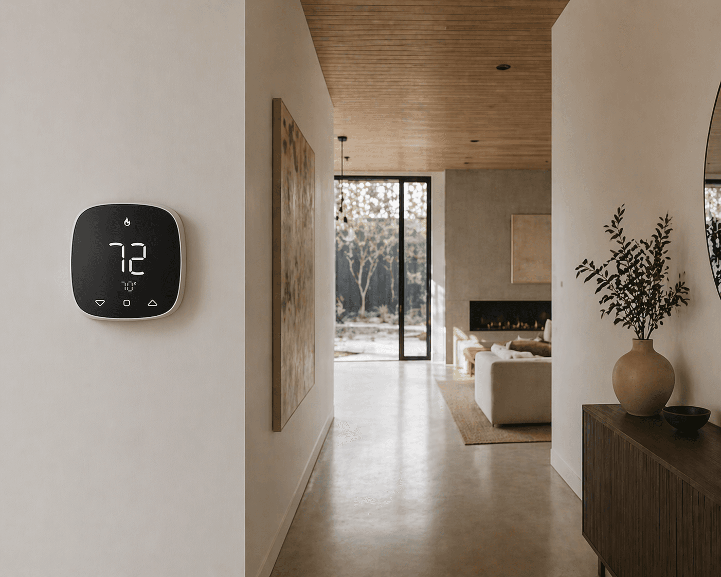 CasaVoz Thermostat side view in a hallway